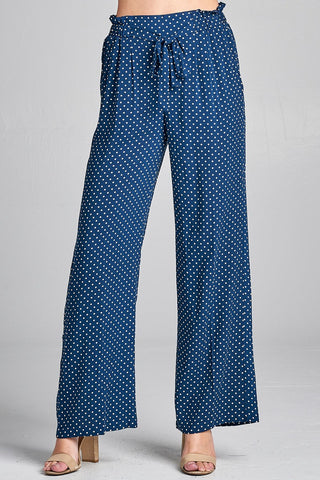Ladies fashion self ribbon detail long wide leg dot print woven pants