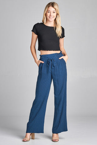 Ladies fashion self ribbon detail long wide leg dot print woven pants