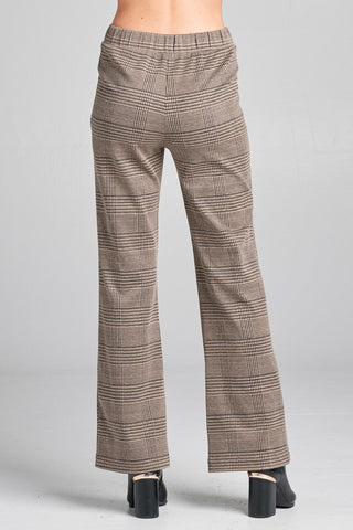 Ladies fashion waist band w/button long wide check pants