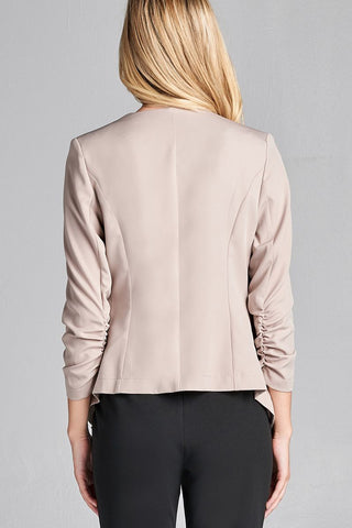 Ladies fashion 3/4 shirring sleeve open front woven jacket