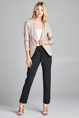 Ladies fashion 3/4 shirring sleeve open front woven jacket