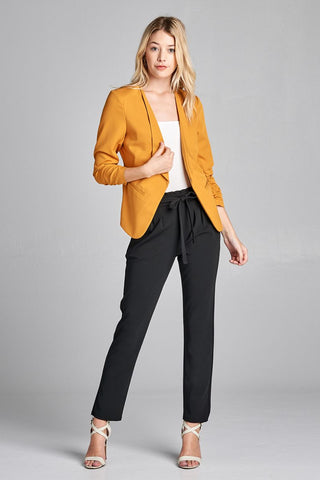 Ladies fashion 3/4 shirring sleeve open front woven jacket