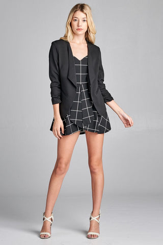 Ladies fashion 3/4 shirring sleeve open front woven jacket