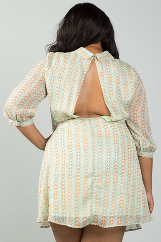 Ladies fashion plus size green bird print tie-neck dress with keyhole back