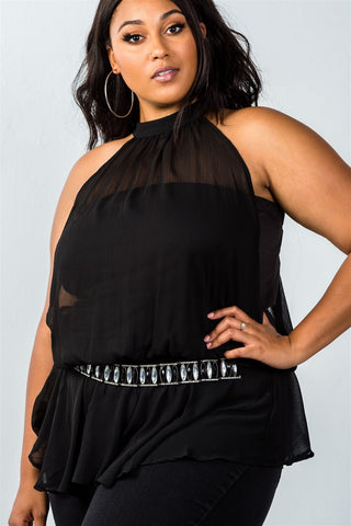 Ladies fashion Plus Size Black Halter Neck Rhinestone Belt Top