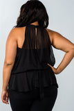 Ladies fashion Plus Size Black Halter Neck Rhinestone Belt Top