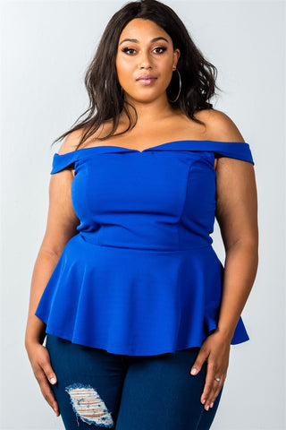 Ladies fashion plus size off the shoulder plunge neck peplum top