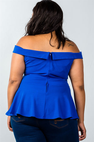 Ladies fashion plus size off the shoulder plunge neck peplum top