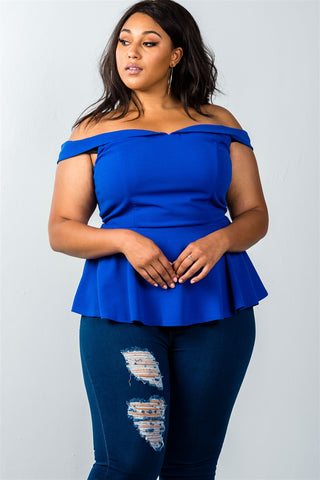 Ladies fashion plus size off the shoulder plunge neck peplum top