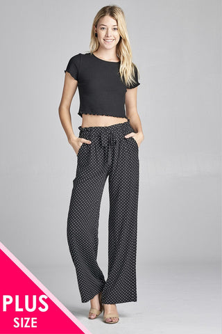 Ladies fashion plus size self ribbon detail long wide leg dot print woven pants