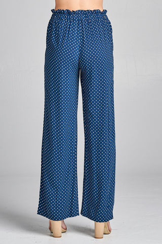 Ladies fashion plus size self ribbon detail long wide leg dot print woven pants