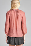 Ladies fashion plus size 3/4 sleeve contrast tie front button detail slub gauze woven top