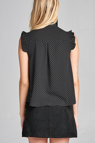 Ladies fashion plus size short ruffle sleeve self tie dot print crepe woven top