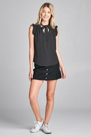 Ladies fashion plus size short ruffle sleeve self tie dot print crepe woven top