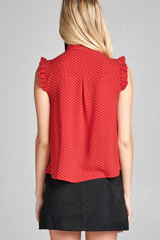 Ladies fashion plus size short ruffle sleeve self tie dot print crepe woven top