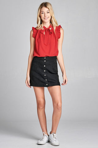 Ladies fashion plus size short ruffle sleeve self tie dot print crepe woven top