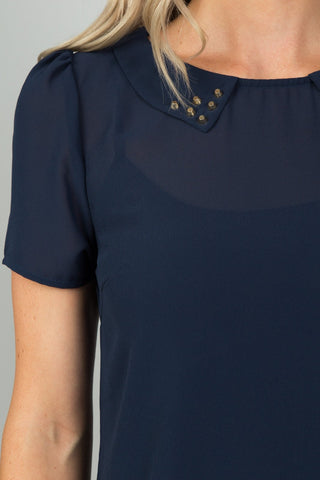 Ladies fashion navy sheer overlay mini dress - merchandiserus2