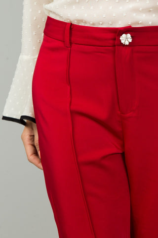 Ladies fashion red contrast ruffle hem ankle pants