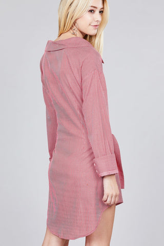 Ladies fashion long sleeve w/wide cuff waist self tie stripe shirt dress - merchandiserus2