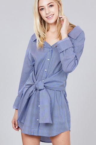 Ladies fashion long sleeve w/wide cuff waist self tie stripe shirt dress - merchandiserus2