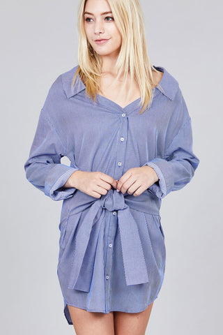 Ladies fashion long sleeve w/wide cuff waist self tie stripe shirt dress - merchandiserus2