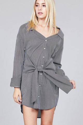 Ladies fashion long sleeve w/wide cuff waist self tie stripe shirt dress - merchandiserus2