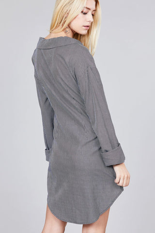 Ladies fashion long sleeve w/wide cuff waist self tie stripe shirt dress - merchandiserus2
