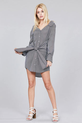 Ladies fashion long sleeve w/wide cuff waist self tie stripe shirt dress - merchandiserus2