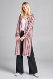 Ladies fashion long sleeve notched collar side slit multi stripe long jacket