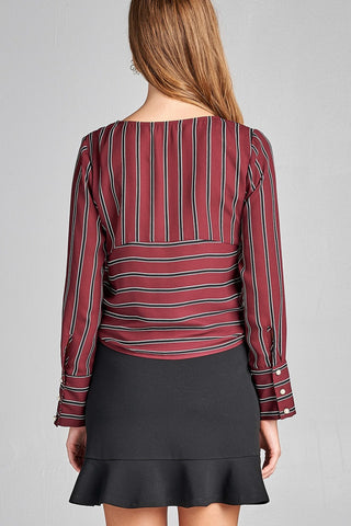 Ladies fashion long sleeve round neck front self tie multi stripe print woven top