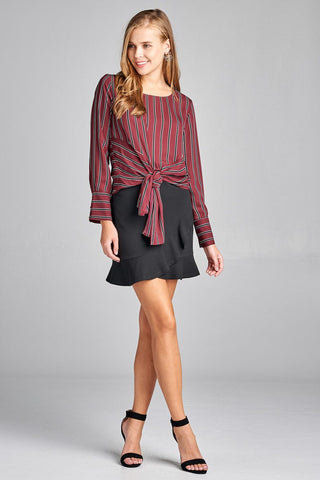 Ladies fashion long sleeve round neck front self tie multi stripe print woven top