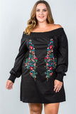 Ladies fashion plus size floral embroidered off the shoulder tunic dress