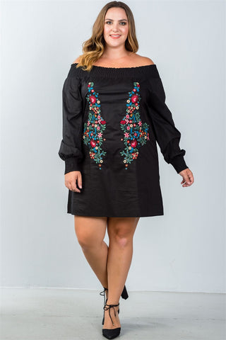 Ladies fashion plus size floral embroidered off the shoulder tunic dress