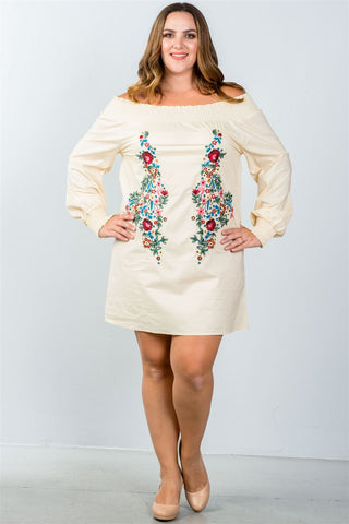 Ladies fashion plus size floral embroidered off the shoulder tunic dress