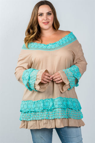 Ladies fashion plus size beige floral lace crochet tunic top