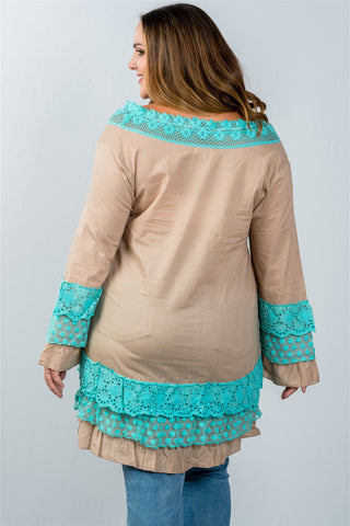 Ladies fashion plus size beige floral lace crochet tunic top
