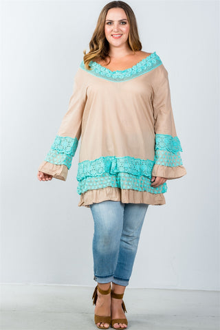 Ladies fashion plus size beige floral lace crochet tunic top