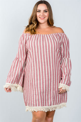 Ladies fashion plus size red geo print off the shoulder mini dress