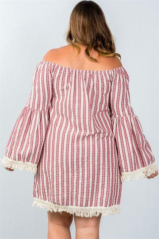 Ladies fashion plus size red geo print off the shoulder mini dress