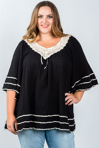 Ladies fashion plus size beige floral lace crochet tunic top