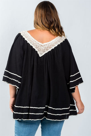 Ladies fashion plus size beige floral lace crochet tunic top