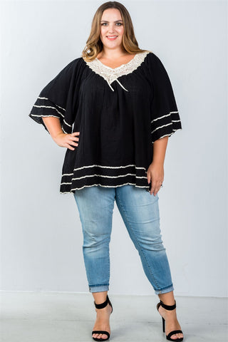 Ladies fashion plus size beige floral lace crochet tunic top