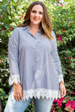 Ladies fashion plus size contrast crochet trim vertical striped top