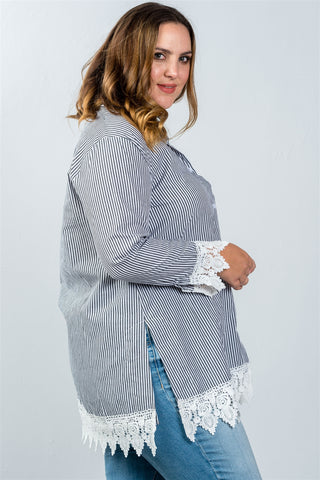 Ladies fashion plus size contrast crochet trim vertical striped top