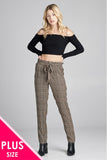 Ladies fashion plus size self ribbon detail long leg checked print woven pants