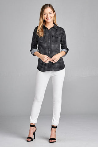 Ladies fashion plus size 3/4 roll up sleeve front pocket detail dot print stretch knit shirts