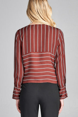 Ladies fashion plus size long sleeve round neck front self tie stripe print woven top