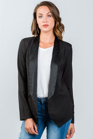 Ladies fashion black long angled open front blazer