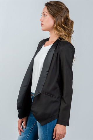 Ladies fashion black long angled open front blazer