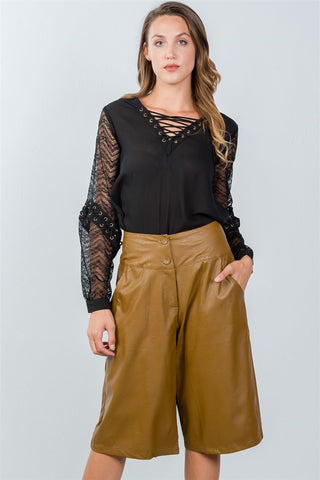 Ladies fashion camel wide leg faux leather culottes